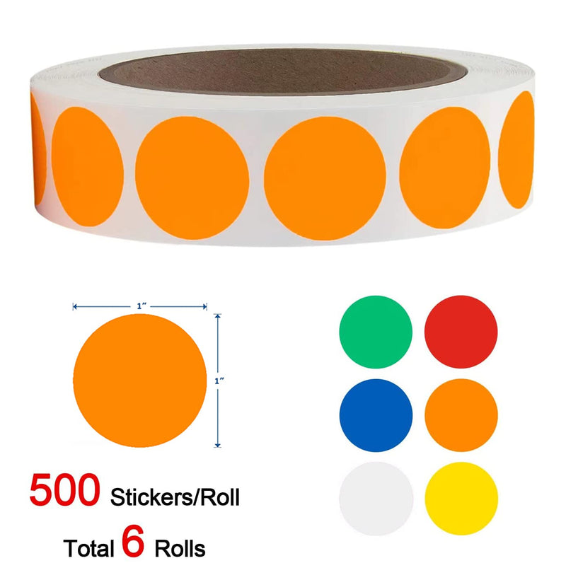 [Australia - AusPower] - SHYGO® 1“ Circle Dot Stickers Color Coding Labels, 3000PCS(6 Rolls,500 Labels/Roll) Red Orange Yellow Green Blue White 