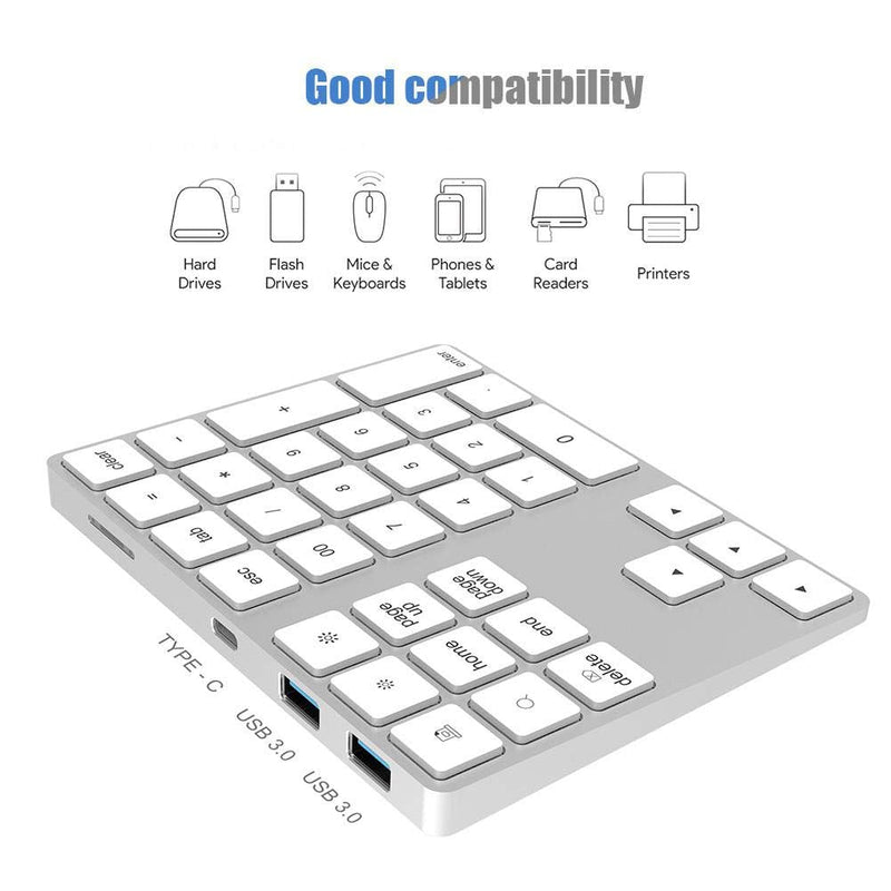 [Australia - AusPower] - Wired/Bluetooth Numeric Keypad, Portable Wireless Bluetooth 34-Key External Number Pad with 2 USB 3.0 Interface for Computer Laptop Windows, OS, Android(Silver) Silver 