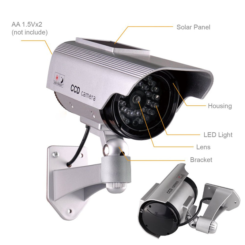 [Australia - AusPower] - ISEEUSEE Dummy Fake Security Camera, Solar Powered Fake Surveillance Camera with Flash LED Dummy Bullet Simulated CCTV Camera,Indoor Outdoor Use Good for Home/Office/Shop/Garage - Silver Color 