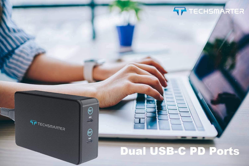 [Australia - AusPower] - Techsmarter 2-Port Dual USB C PD 65W and 18W Desktop Wall Charger. Compatible with MacBook, iPad, iPhone 13, 12, 11, X, XS, XR, Pixel, Samsung S21, S20, S10, S9, Note, Chromebook 