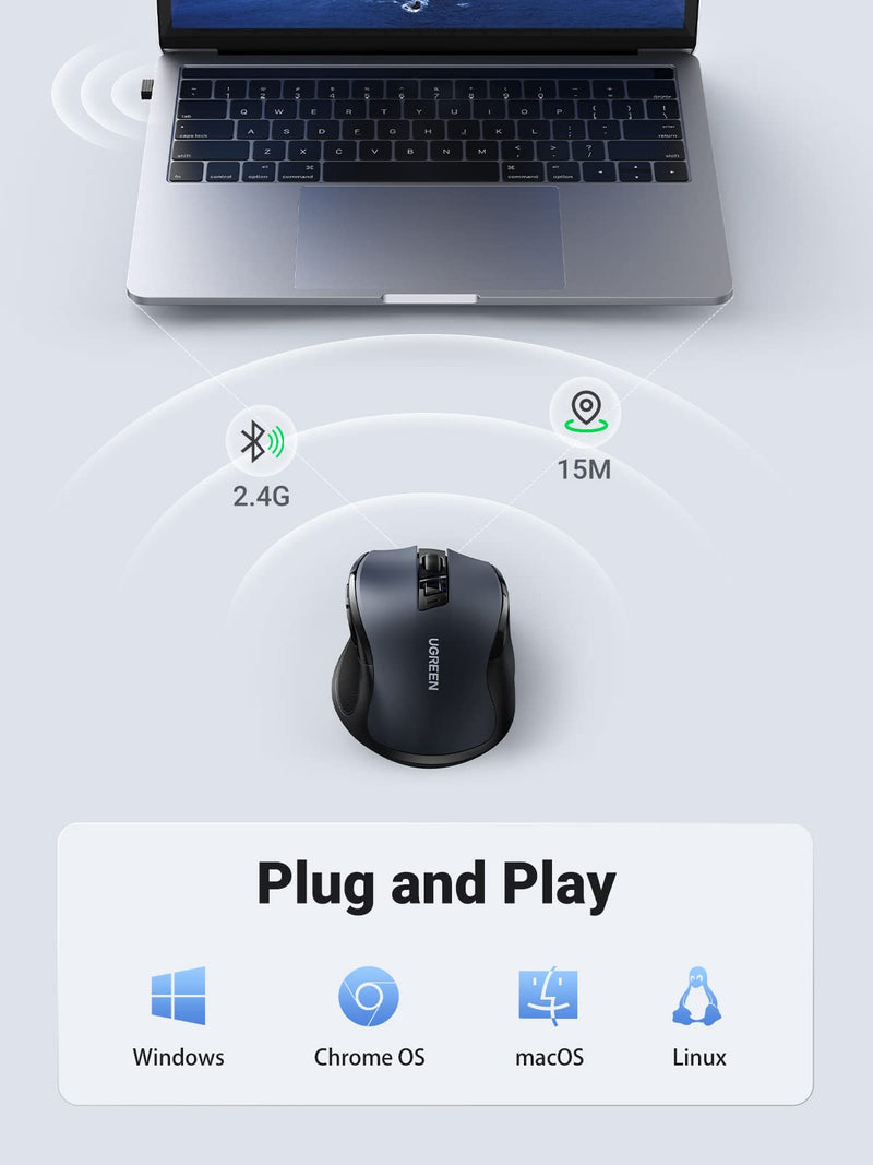 [Australia - AusPower] - UGREEN Wireless Mouse, Ergonomic Mouse 5-Level 4000 DPI 6 Buttons, 2.4G USB Cordless Silent Mice with Nano Receiver, Wireless Mouse for Laptop, Computer, PC, MacBook, Chromebook - Black 