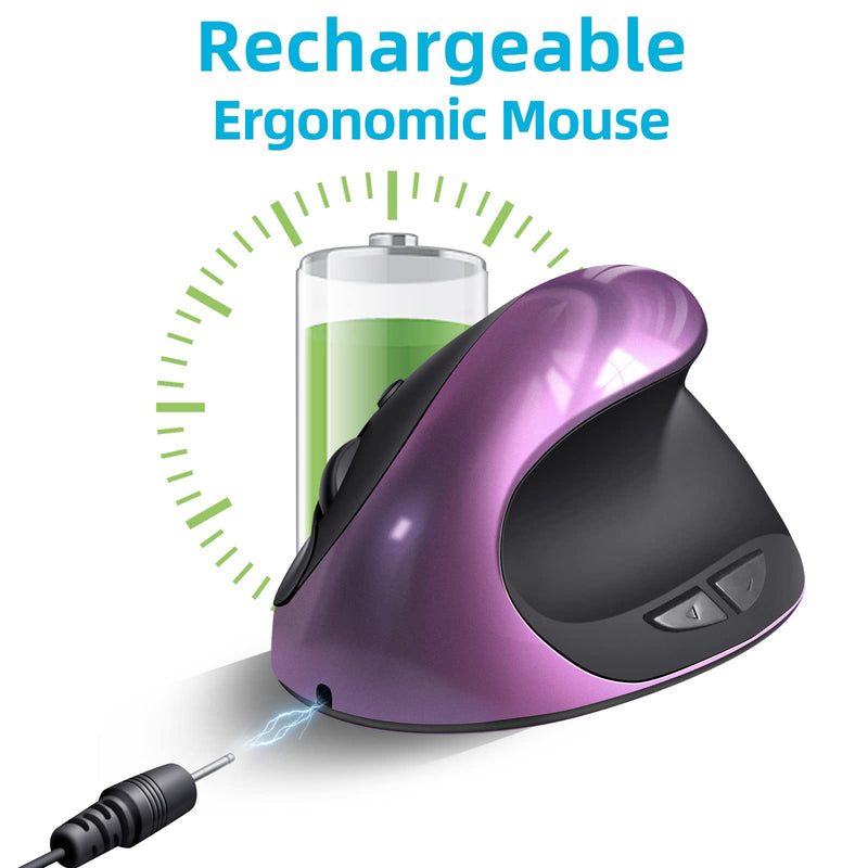 [Australia - AusPower] - Ergonomic Mouse Wireless,Rechargeable Vertical Mouse with 6 Buttons 3 Adjustable 800/1200/1600 DPI for Laptop, Desktop, PC, MacBook (Purple) Purple 