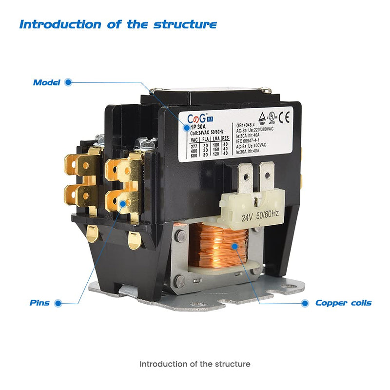 [Australia - AusPower] - CGELE CGele 1 Pole Air Conditioner Contactor 30 Amp 24VAC Coil,Condenser Contactor Compressor Contactor AC Definite Purpose Contactor (Pack of 1 Pcs). 1P 30A 24V 