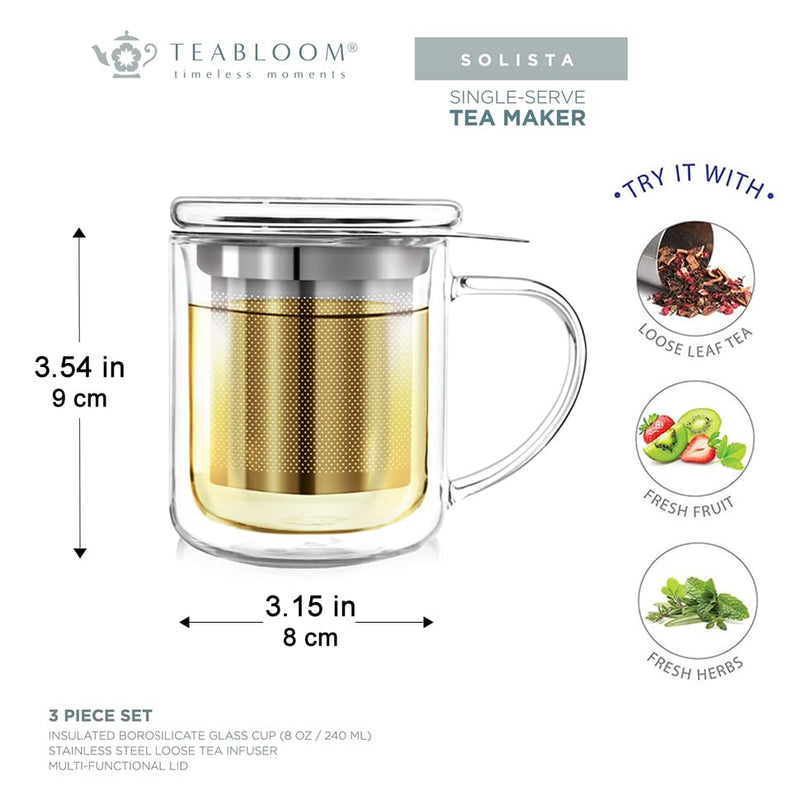 [Australia - AusPower] - Teabloom Single-Serve Tea Maker (8 OZ) - Double Wall Glass Cup with Infuser Basket and Lid for Steeping, Solista Brewing Mug 