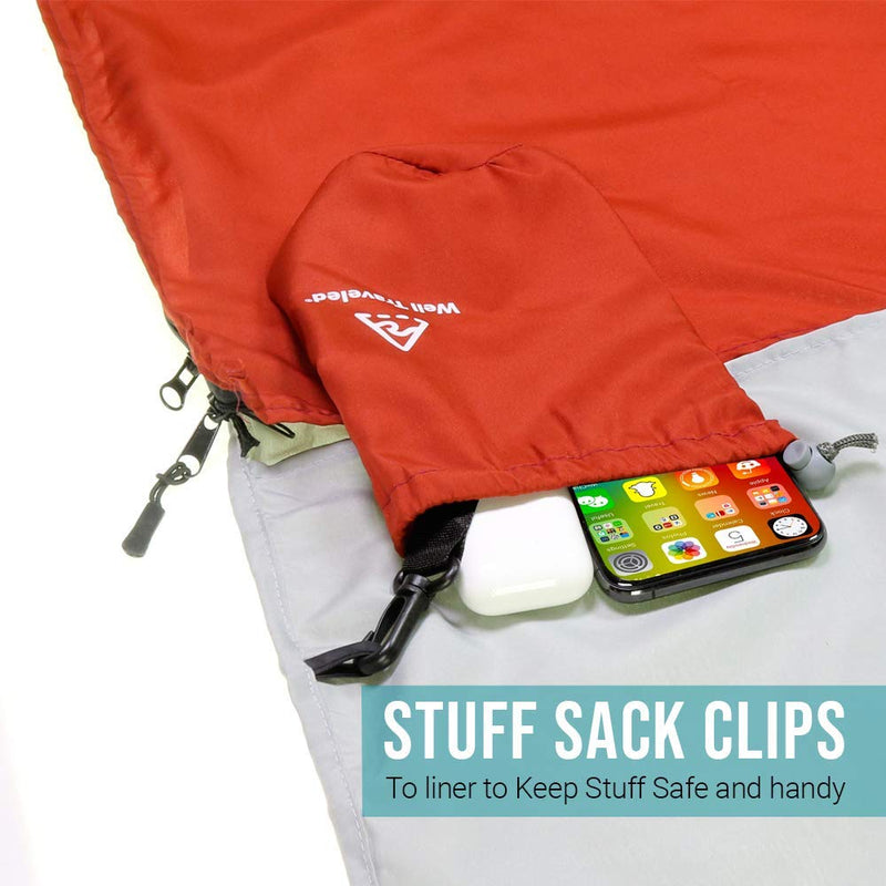 [Australia - AusPower] - Well Traveled Sleeping Bag Liner, Lightweight Adult Sleeping Sheet for Hiking, Backpacking and Camping, Easily Removable and Washable, Silky Smooth Fabric, Simple to Stuff Sack Red (Left Zipper) 