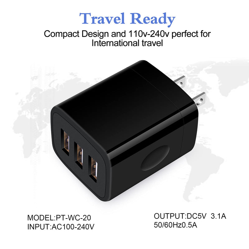 [Australia - AusPower] - USB Wall Charger, HOOTEK 2Pack Wall Plug 3-Multi Port Quick Charger Block Cube 3.1A Power Adapter Compatible iPhone 13 12 11 Pro Max XS X 8 Plus, iPad, Samsung Galaxy S22+ S21 S20 S10/Note20 Ultra 5G all black 