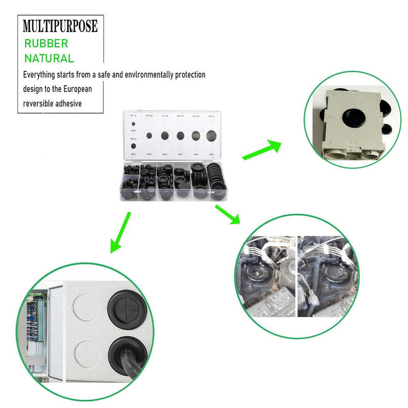 [Australia - AusPower] - 170 PCS Rubber Grommet Firewall Hole Plug Set Electrical Wire Gasket Kit, Rubber Grommets for Wiring Assortment Kit of Drill Hole 1/4" 3/8" 1/2" 5/8" 3/4" 7/8" 1" Rubber Grommet Kit Closed 