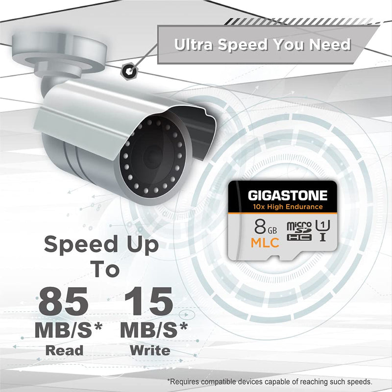 [Australia - AusPower] - [10x High Endurance] Gigastone 8GB 2-Pack MLC Micro SD Card, Full HD Video Recording, Security Cam, Dash Cam, Surveillance Compatible 85MB/s, U1 C10, with Adapter MLC 8GB 2-Pack 