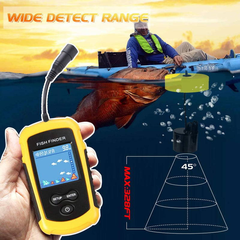[Australia - AusPower] - Atibin Handheld Kayak Fish Depth Finder Portable Transducer Fish Finder Sonar Boat Dock Fish Finders Display Water Fishing Yellow 