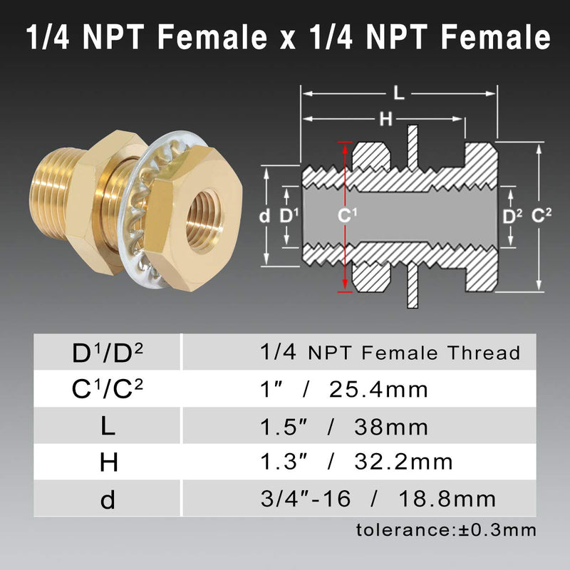 [Australia - AusPower] - KOOTNAS 2-Pack Solid Brass Bulkhead Fittings, 1/4 NPT Taper Female 3/4" Straight Male Thread Brass Connector with Metal Wave Ring, 1-1/2" Length Brass Coupling Fitting 1/4 NPT Taper Female, with Metal Ring 