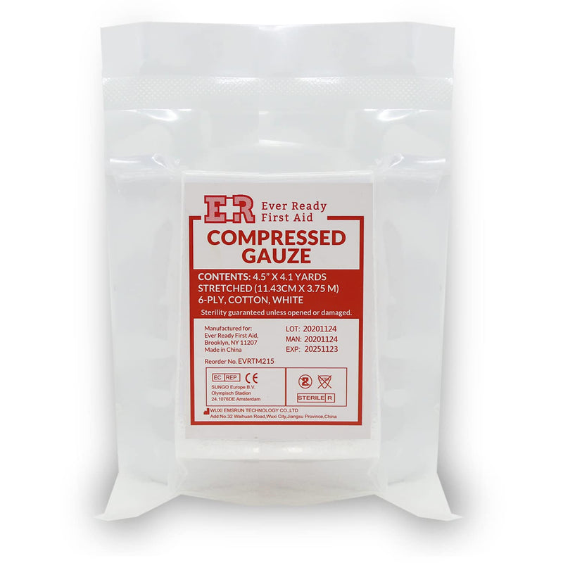 [Australia - AusPower] - Ever Ready First Aid Compressed Sterile Gauze, 6-Ply Emergency Medical Dressing for First Aid Kits, Hemostatic Control Bandage – 4.5” x 4.1 Yards - 5 Pack 