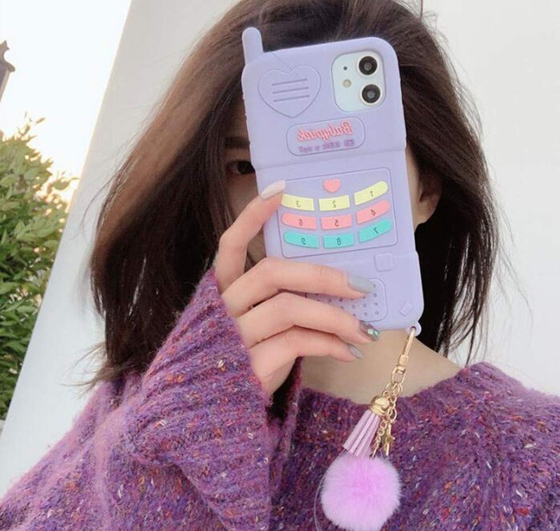 [Australia - AusPower] - Aulzaju Cute Funny Case for iPhone 12 Pro Max Soft Silicone Cartoon Bumper Protective Cover 3D Unique Creative Kwaii Retro Phone Design with Pom Pom Fluffy Ball Lanyard Strap for Women Girls(Purple) Purple iPhone 12 Pro Max 6.7 Inch 