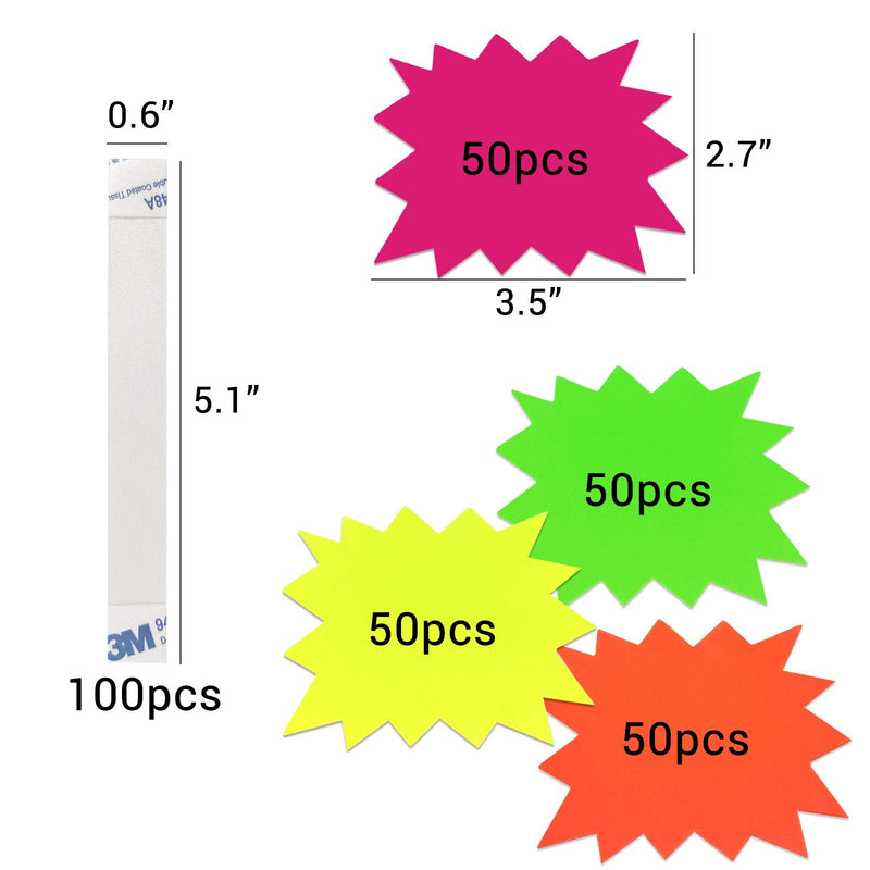 [Australia - AusPower] - Daily Treasures 200Pcs Starburst Signs, with 100Pcs PVC Self-Adhesive Strips-4 Colors Fluorescent Burst Paper Signs Blank Sales Burst Signs for Retail Store, Garage Sale Sign to Boost Sales 