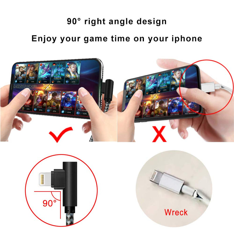 [Australia - AusPower] - OCEEK MFI Certified Lightning Cable iPhone Charger Cable 90 Degree Right Angle 5Pack 3/3/6/6/10ft Fast Game Metal Long USB Cord iPhone 12/11/Pro/Max/X/XS/XR/XS/8/7/Plus/6/6S/SE-BlackGrey BlackGrey 