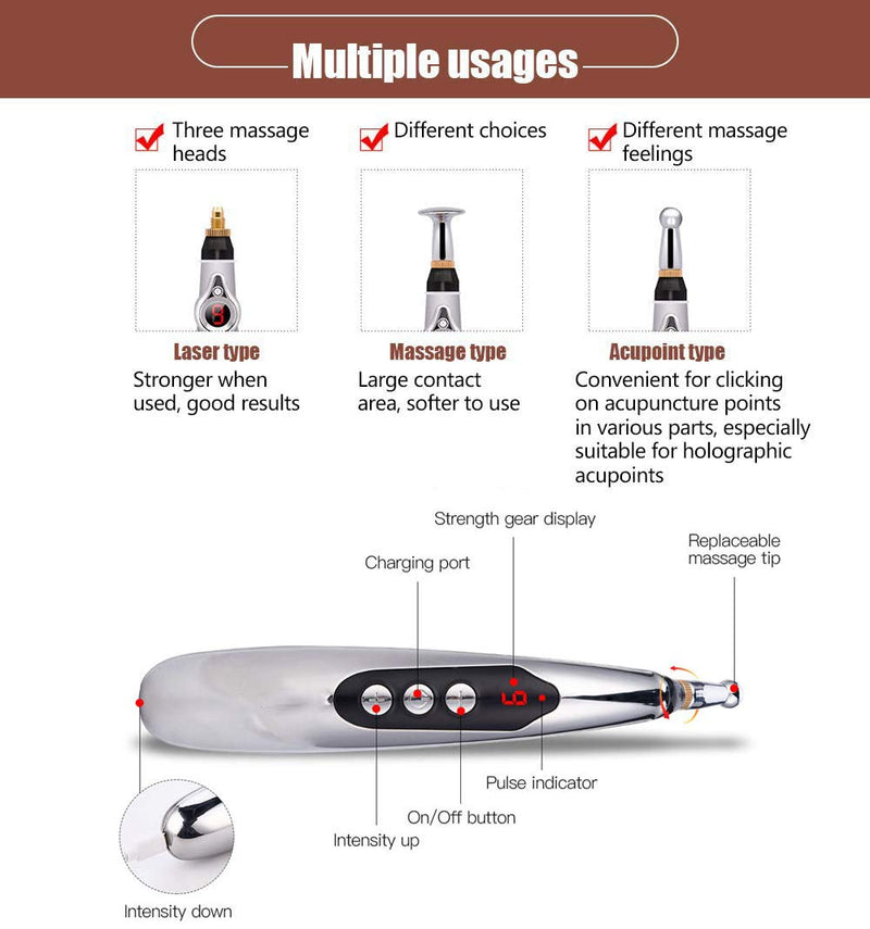 [Australia - AusPower] - Acupuncture Pen Electronic Accupressure Pen, USB Rechargeable Pain Relief Electric Meridians Energy Pen Massager Pen Pain Relief Massage Tool with 3 Massage Heads & 2 Massage Gel 