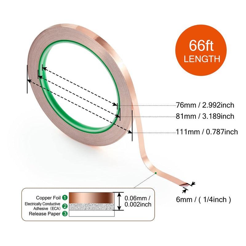 [Australia - AusPower] - Chanzon 2 Pack Copper Foil Tape 6mm 1/4 inch x 66ft Double Sided Conductive Adhesive for Stained Glass,Soldering,Electric,Crafts,Repair,Paper Circuits,EMI & RF Shielding,Grounding,Guitars 1) 1/4inch x 66ft x 2pack 
