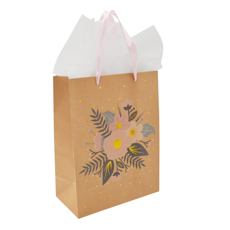 [Australia - AusPower] - 12 Pack Kraft Paper Floral Gift Bags with Ribbon Handles + 20 Sheets Tissue Paper for Bridal Shower, Tea Party, Wedding Favors (10 x 13 In) 