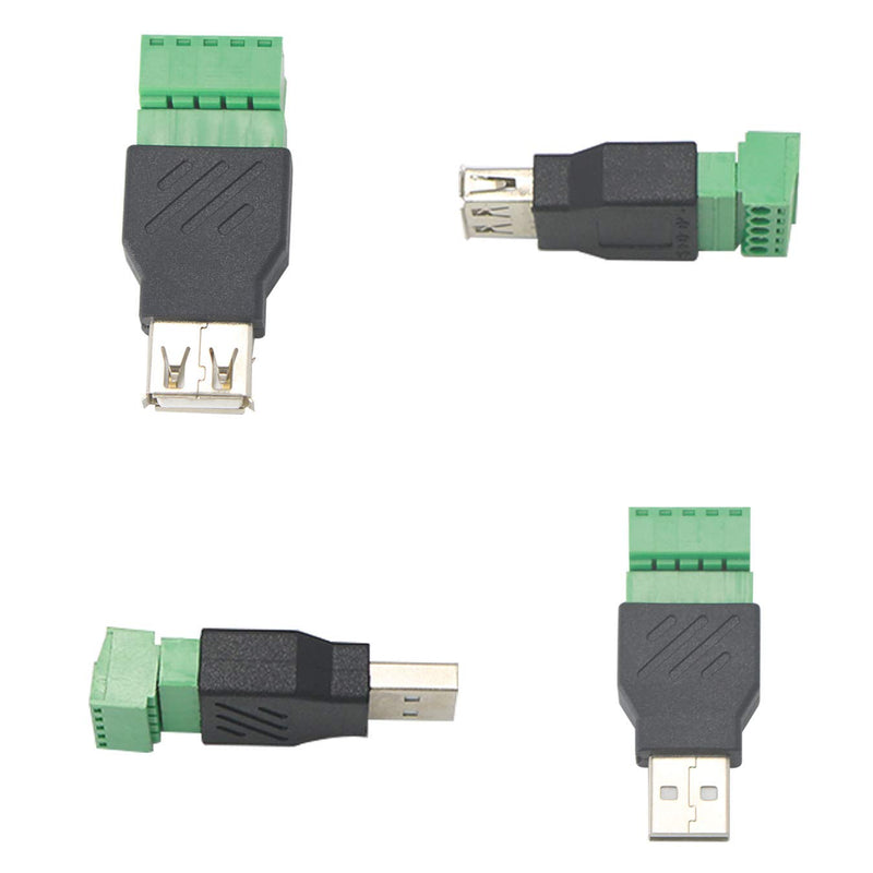 [Australia - AusPower] - USB 2.0 A Screw Terminal Block Connector Zovfam 4Pcs USB 2.0 Type A Male Plug to 5 Pin Female Bolt Screw Terminal with Shield Plug Adapter Connector Converter 