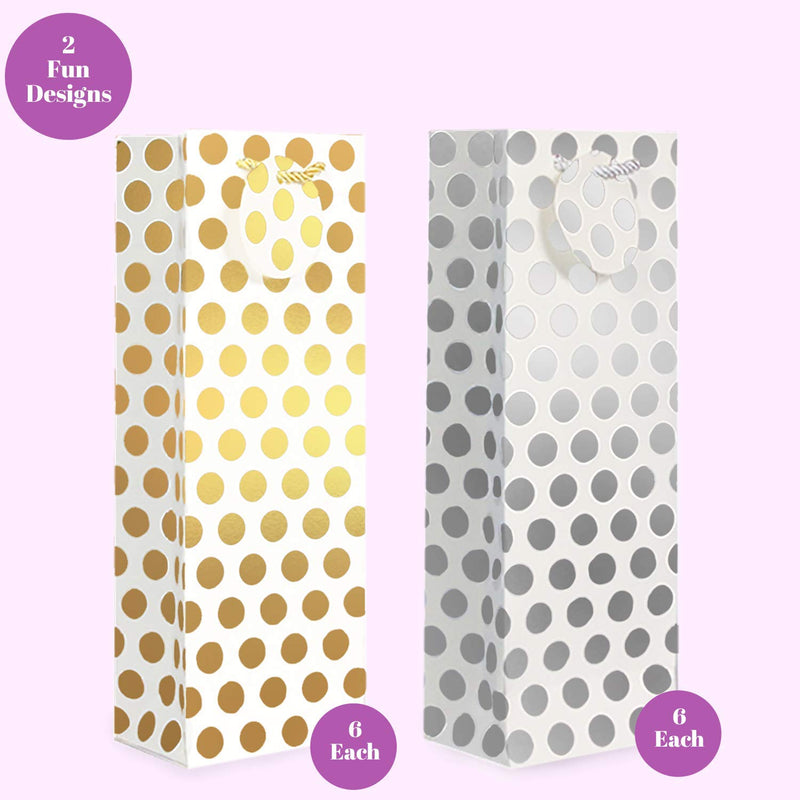 [Australia - AusPower] - UNIQOOO 12Pcs Metallic Gold Silver Polka Dots Wine Gift Bag w/Tag and 60 Sheets Metallic Gold & Silver Gift Tissue Paper Bundle 