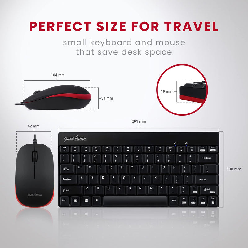 [Australia - AusPower] - Perixx Periduo-212 Wired Mini Keyboard and Mouse Set, USB Connection, Black, US English Layout (11486) 