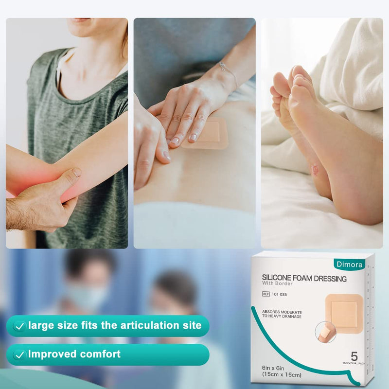 [Australia - AusPower] - Dimora Silicone Foam Dressing with Border Adhesive 6"x6" Waterproof Wound Dressing Bandage for Wound Care 5 Pack 6x6 Inch (Pack of 5) 