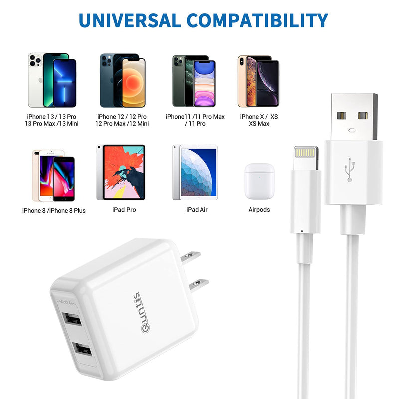 [Australia - AusPower] - iPhone Charger MFi Certified, Quntis 2Pack 6.6ft Lightning Charging Cable Cord with Dual Port USB Wall Charger Block Adapter for iPhone 13 12 SE 11 Pro Max XS XR X 8 7 6s 6 Plus iPad Pro iPod Airpods 