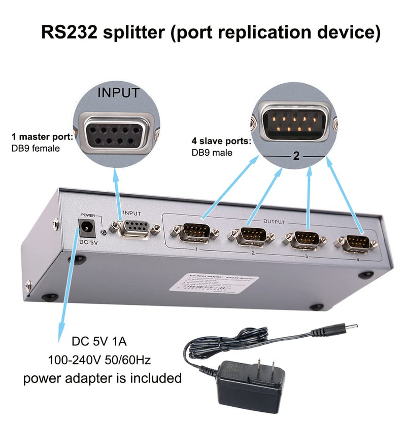 [Australia - AusPower] - RS232 Splitter, DTECH 4 Port Serial Expansion Box 1x4 COM Port Expander with Power Adapter for Sharing PCs and Capture Data 4-port serial splitter 