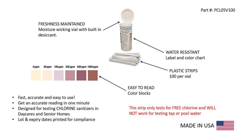 [Australia - AusPower] - Free Chlorine/Bleach Test Strips, 0-1000 ppm [Vial of 100 Strips] 