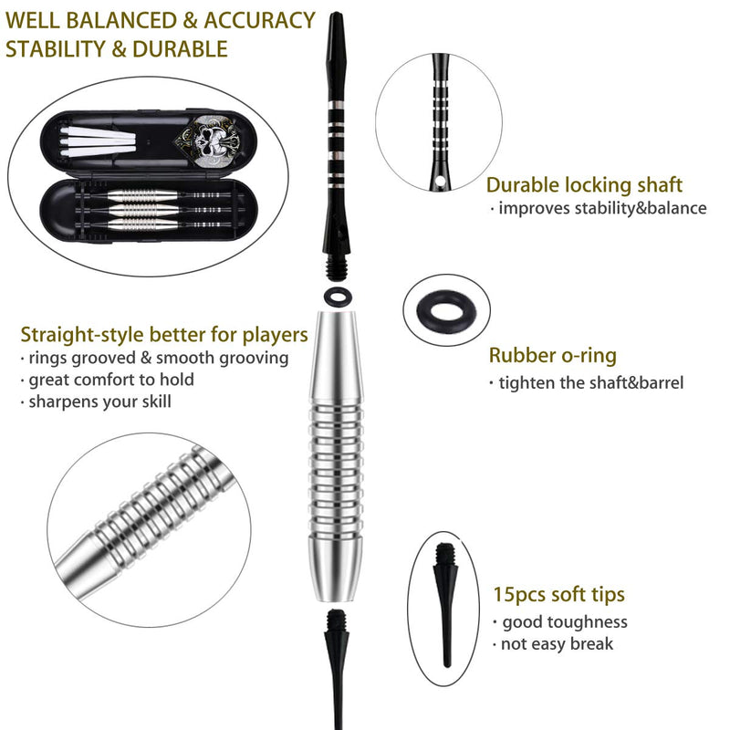 [Australia - AusPower] - sanfeng Darts Plastic Tip Set - 18g Soft Tip Darts - Nickel Plated Silver Dart Barrel 16 Grams + 50 Anti-Loose O-Rings + 6 Shaft (Aluminum/Nylon 45mm) + 6 Flights + Extra 50 Soft Tips Electronic Dart 