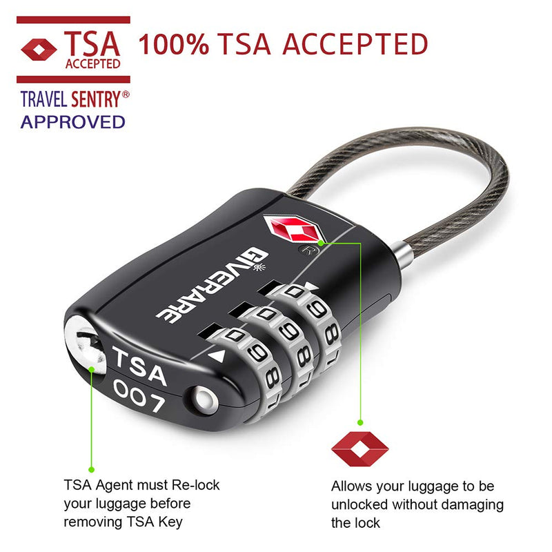 [Australia - AusPower] - GIVERARE TSA Approved Luggage Locks, Combination Travel Cable Lock, Re-settable 3-Digit Padlocks with Alloy Body, Keyless Travel Sentry Accepted Padlock for Gym Locker, Golf Bag Case, Backpack-Black 1 pack Black 