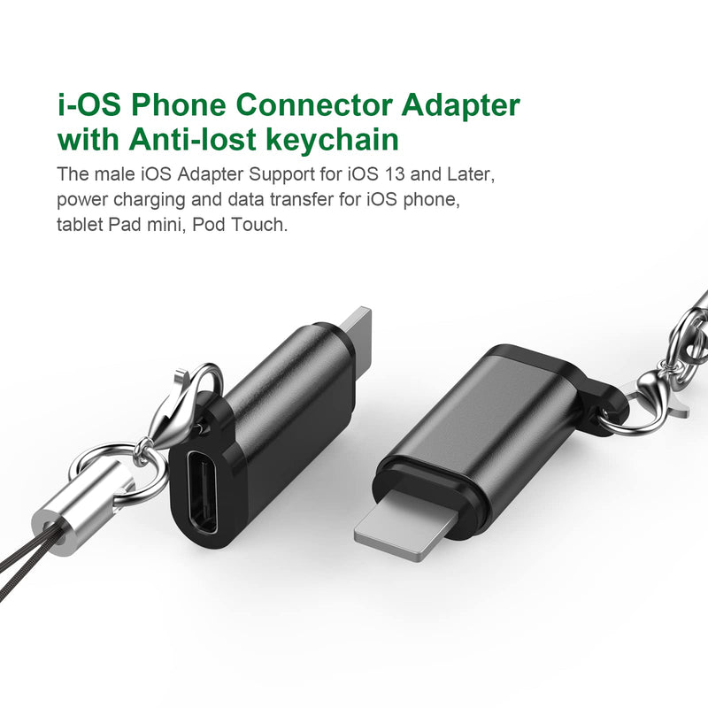 [Australia - AusPower] - 2Pack Female USB-C to Male i-OS Phone Adapter with Anti-Lost Keychain. CHANG XU i OS Male to Type-C Female Aluminum Connector Converter Support Power Charging and Data Transfer. (Black) 