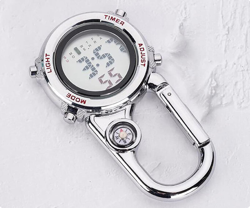 [Australia - AusPower] - Clip on Digital Carabiner Watch Backpack Fob Belt Waterproof and Shockproof Pocket Clip-on Quartz Watch Glow in The Dark Carabiner Watch with Compass Alarm Clock Date Week Gift for Outdoor Sports Red 