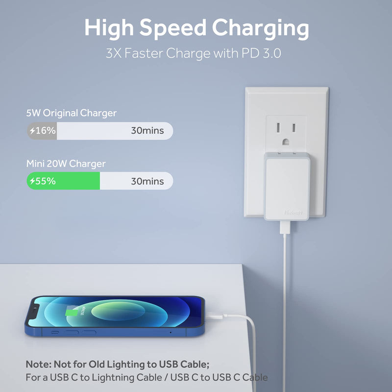 [Australia - AusPower] - Nekmit 20W USB C Charger, PD 3.0 Fast Charger with Foldable Plug, Compatible with iPhone 13/13 Pro/12/12 mini/12 Pro/12 Pro Max/11, Galaxy, Pixel 4/3, iPad Pro, and More White 1 Pack 