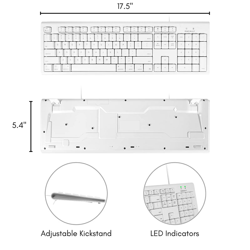 [Australia - AusPower] - Macally Full-Size USB Wired Keyboard for Mac Mini/Pro, iMac Desktop Computer, MacBook Pro/Air Desktop w/ 16 Compatible Apple Shortcuts, Extended with Number Keypad, Rubber Domed Keycaps - Spill Proof white 
