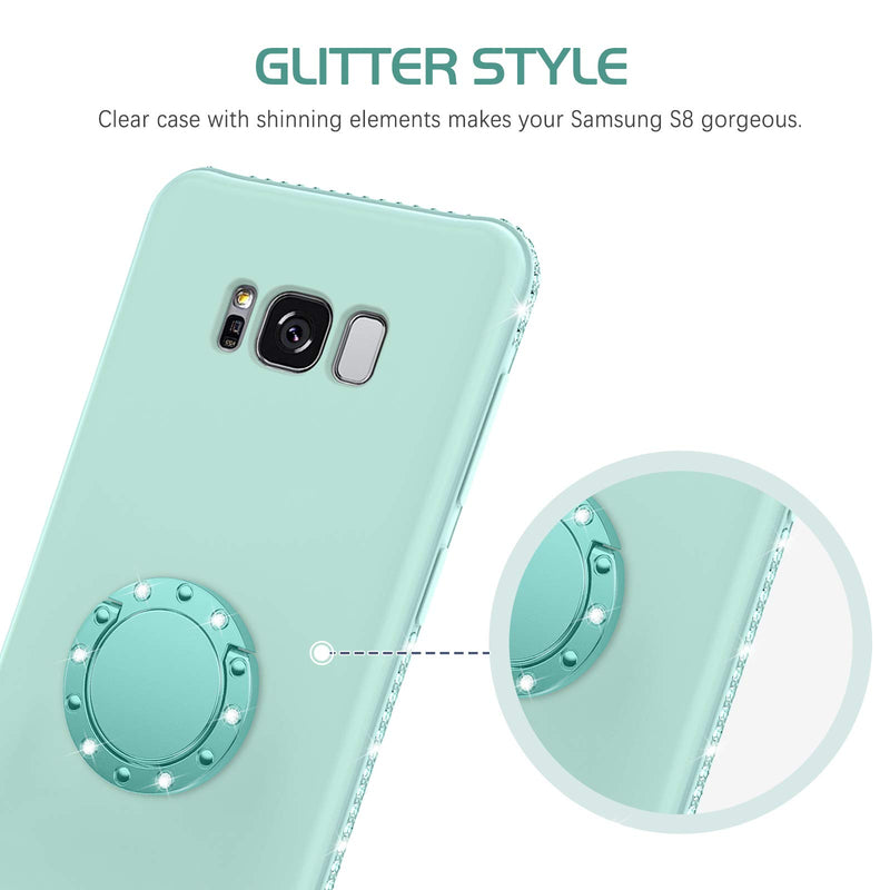 [Australia - AusPower] - DOMAVER Samsung Galaxy S8 Case 360° Ring Holder Kickstand (Support Car Mount) Slim Silicone Soft Rubber Microfiber Lining Cushion Rhinestone Bumper Protective Phone Cover for Samsung S8, Light Green 