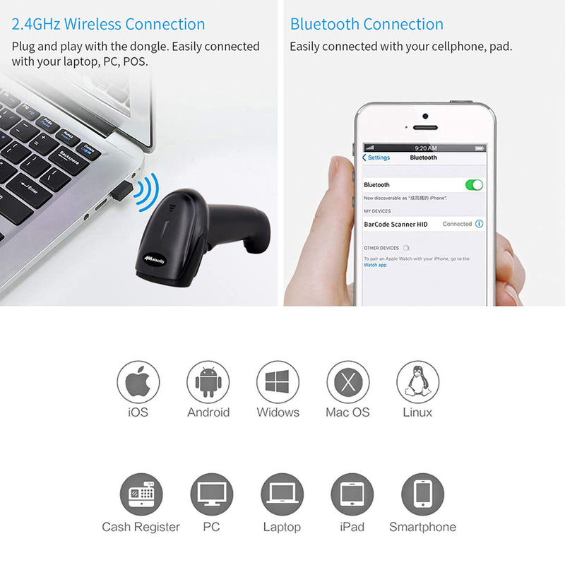 [Australia - AusPower] - USB Bluetooth Barcode Scanner with Stand,Alacrity Handsfree Barcode Scanner Wireless Versatile 3-in-1Rechargeable Cordless 1D Barcode Reader USB Handheld Bar Code Scanner Wireless Inventory Scanner 