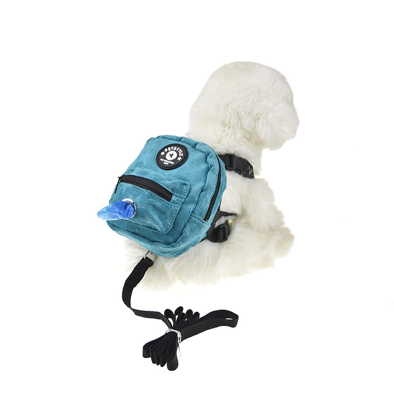 [Australia - AusPower] - FLAdorepet Dog Backpack Harness with Leash, Dog Poop Bag Dispenser, Pet Self Carrier Adjustable Travel Hiking Walking Harness Backpack for Small Medium Dogs S(Bust 12.5-15.7inch) Blue 