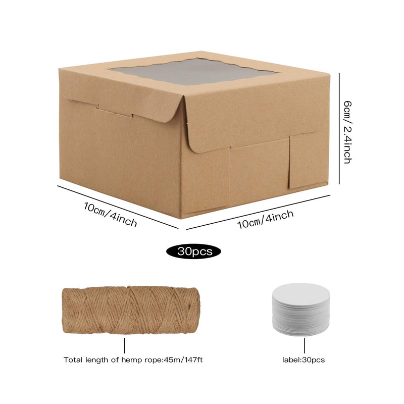 [Australia - AusPower] - 30 Pcs Brown Bakery Boxes with Window, 4x4x2.5 Inches Cookie Boxes Cupcake Boxes Dessert Pastry Boxes Treat Boxes Kraft Paper Gift Boxes with Twine & Gift Tags for Cakes, Muffins, Donuts, Macarons 