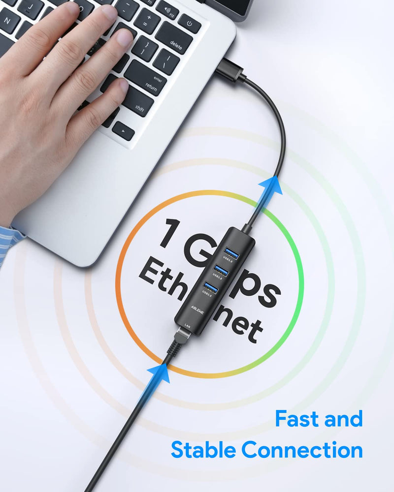 [Australia - AusPower] - USB to Ethernet Adapter, ABLEWE 3 Ports USB 3.0 Hub with RJ45 1Gbps Gigabit Ethernet Adapter, for MacBook Air 2017, iMac, XPS, Surface Pro, Linux, Chromebook, Notebook and More - Black 