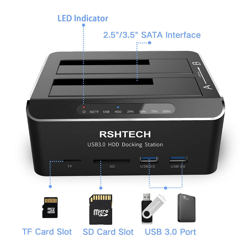 [Australia - AusPower] - Hard Drive Docking Station RSHTECH USB 3.0 Aluminum Dual Bay Hard Drive Dock for 2.5" & 3.5" SATA HDD SSD with SD TF Card Reader and Offline Clone/Duplicator Function Support 16TB Tool-Free 