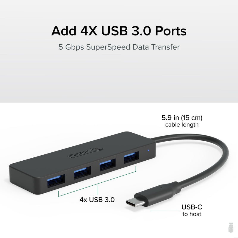 [Australia - AusPower] - Plugable USB C to USB Adapter Hub, 4 Port USB 3.0 Hub, USB Splitter for Laptop, Compatible with Windows, MacBook Pro/Air, iPad Pro, Surface Pro, Chromebook, Linux, Android, Charging Not Supported USB-C 