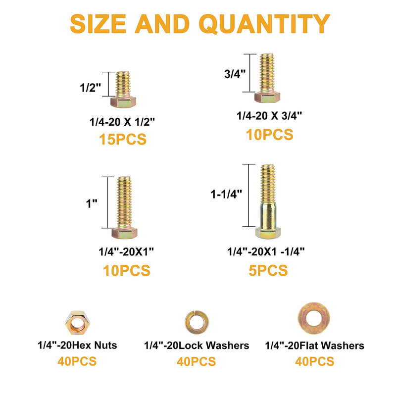 [Australia - AusPower] - VIGRUE 160Pcs 1/4"-20 Grade 8 Hex Cap Bolts Screws Nuts Flat Washers Lock Washers Assortment Kit, Zinc Finish Steel, Coarse Thread, 4 Sizes Total 1/4-20 