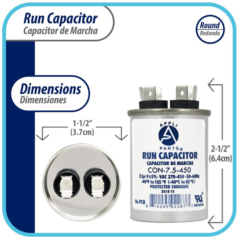 [Australia - AusPower] - Appli Parts Run Capacitor for ac 7.5 Mfd uF (microfarads) 370 VAC or 450 VAC CBB65 Round Universal fit for hvac and other applications 2-1/2 in High 1-1/2 in Wide CON-7.5-450 