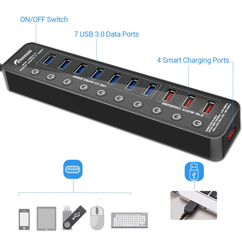 [Australia - AusPower] - Apanage Powered USB 3.0 Hub, 11 Ports USB Hub Splitter (7 High Speed Data Transfer Ports + 4 Smart Charging Ports) with Individual On/Off Switches and 48W Power Adapter for Mac Pro/mini, PC, HDD, Disk 11-Port Black 