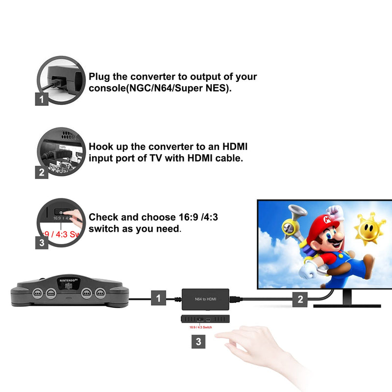 [Australia - AusPower] - N64 to HDMI Converter Adapter Support 16:9/ 4:3 Conversion, HDMI Link Cable for N64 /SNES /NGC/ SFC（Plug and Play） 