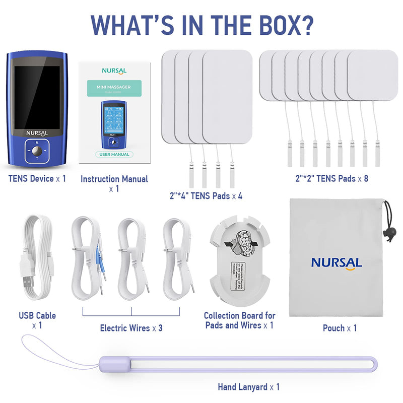 [Australia - AusPower] - NURSAL TENS EMS Unit Muscle Stimulator for Pain Relief Therapy, Electric 24 Modes Dual Channel TENS Machine Pulse Massager with 12 Pcs Electrode Pads/Continuous Stable Mode/Memory Function Blue 