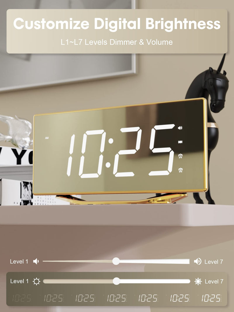 [Australia - AusPower] - Loud Alarm Clock with Bed Shaker, Vibrating Alarm Clock for Heavy Sleepers Hearing Impaired Deaf, 8.7" LED Mirror Bedside Clock with Battery Backup for Kids Teens Elderly, 12/24H DST, USB Charger Golden 