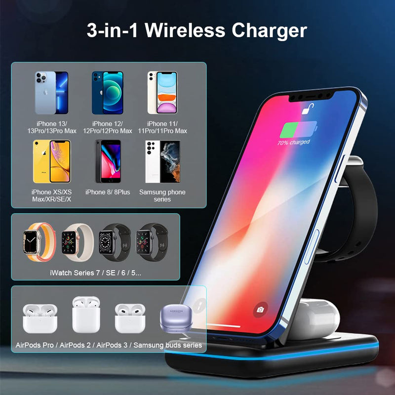 [Australia - AusPower] - OVISBAI 3 in 1 Qi Certified Fast Charging Station,Wireless Charger Stand Compatible for iPhone 13/12/11/SE/X/XS/XR/8 Series, Apple Watch, AirPods Pro/3/2 (Black) 