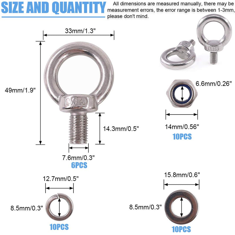 [Australia - AusPower] - Glarks 36Pcs 304 Stainless Steel M8 Male Thread Machinery Shoulder Lifting Ring Eye Bolt with Lock Nuts/Lock Washers/Flat Washers Set 