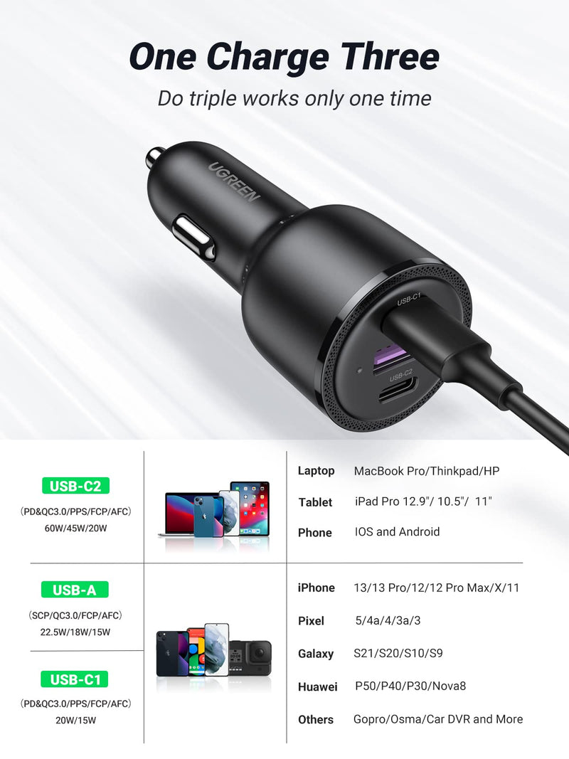 [Australia - AusPower] - UGREEN USB C Car Charger Fast Charging 69W - Type C Car Phone Charger PD 60W/20W, Car Charger Adapter SCP 22.5W QC 18W Comaptible with iPhone 13/12/11/iPad/MackBook, Pixel 5/4a, Galaxy S21/S20 